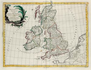 Die Britischen Inseln, in denen sich Albion oder Großbritannien und Ivernia oder Kleinbritannien befinden, Stich von G. Zuliani aus Band I des Neuesten Atlas, veröffentlicht in Venedig 1785 von Antonio Zatta von G. Zuliani