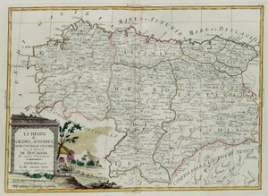 Die Königreiche Galicien, Asturien, León, Castilla Vieja mit dem Rat von Biscallia, Stich von G. Zuliani aus Band I des Neuesten Atlas, veröffentlicht in Venedig 1776 von Antonio Zatta, Privatsammlung von G. Zuliani