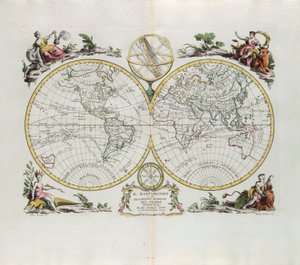Weltkarte und allgemeine Beschreibung des Globus, Gravur von G. Zuliani aus Band I des Neuesten Atlas, veröffentlicht in Venedig 1774 von Antonio Zatta von G. Zuliani