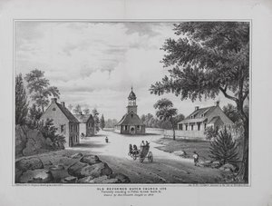 Alte reformierte niederländische Kirche im Jahr 1776, gezeichnet von Miss Elizabeth Sleight im Jahr 1808, gedruckt für H. McCloskeys Handbuch der Stadt Brooklyn, 1864