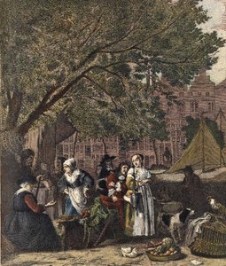 Der Kräutermarkt von Amsterdam. Gravur aus dem 19. Jahrhundert nach dem Gemälde von Gabriel Metsu (1629-1667). von Gabriel (after) Metsu