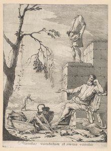 Trauernder Philosoph umgeben von Vanitas-Symbolik