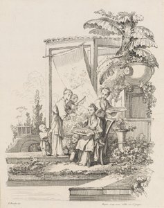 Sitzende Frau mit Kindern und Dienern, ca. 1738-45 von Gabriel Huquier
