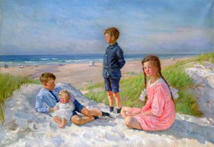 Erik, Else, Ove und Birthe Schultz am Strand, 1919