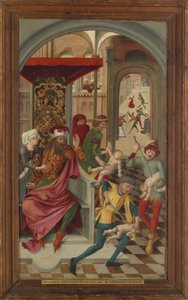 Flügel des St. Veits-Altars aus der Klosterkirche Tegernsee; Vorderseite: Der bethlehemitische Kindermord, Rückseite: Die Heiligen Veit, Modestus und Kreszentia werden mit Manna gestärkt