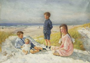 Erik, Else, Ove und Birthe Schultz am Strand