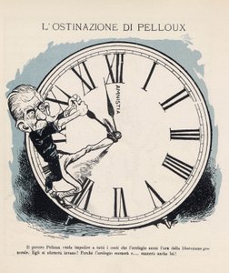 Karikatur des Präsidenten des italienischen Ministerrats Luigi Pelloux (1839-1924), der versucht, die Uhr zu halten, um die Stunde der allgemeinen Befreiung 1898 zu schlagen. Seine Regierung war sehr militaristisch und konservativ. Vignette von Gabriele Ga von Gabriele (1865-1937) Galantara