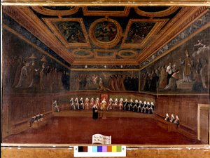Rat der Zehn im Dogenpalast im 18. Jahrhundert - Sala Del Consiglio di Dieci 1725 - Der Raum des Rates der Zehn, Dogenpalast, Venedig von Gabriele Bella