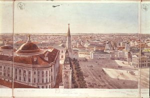 Panorama von Moskau, Darstellung des ehemaligen Senatspalastes, der Kremlbefestigungen und des Roten Platzes von Gadolle
