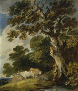 Eine bewaldete Landschaft mit Vieh und Hirten