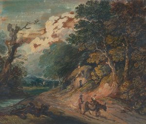 Landschaft: Figur reitet auf einem Esel