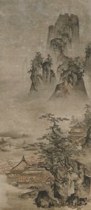 Landschaft: Berge, Bach und Häuser, Muromachi-Periode, frühes 16. Jahrhundert