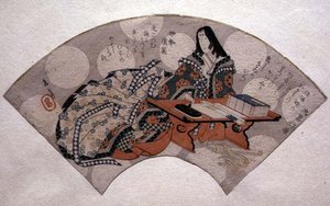 Hofdame bereitet Tinte vor, Entwurf für einen Fächer, ca. 1818-30 von Gakutei Harunobu