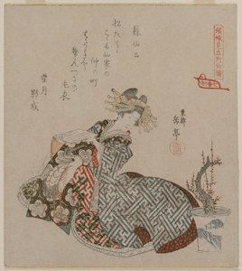 Kurtisane liest neben einem Topfpflaumenbaum, aus der Serie Sieben Kurtisanen verglichen mit daoistischen Unsterblichen von Gakutei Harunobu