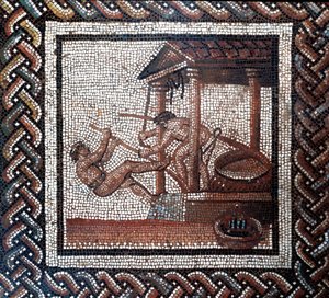 Eine Ölpresse (Mosaik, Ende 2. Anfang 3. Jahrhundert)