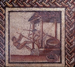 Gallorömische Kunst: Mosaikpflaster, das einen rustikalen Kalender darstellt. Eine Ölpresse. Ende 2. Anfang 3. Jahrhundert nach Christus. Aus Saint-Romain-en-Gal (Rhone). Saint Germain en Laye, Nationalmuseum für Archäologie