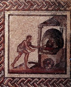Gallorömische Kunst: Mosaikpflaster, das einen rustikalen Kalender darstellt. Brotbäckszene. Ende 2., Anfang 3. Jahrhundert n. Chr. Aus Saint-Romain-en-Gal (Rhône). Saint-Germain-en-Laye, Nationalmuseum für Archäologie