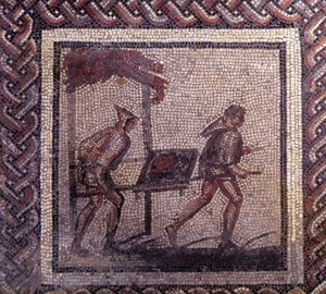 Gallorömische Kunst: Mosaikpflaster, das einen rustikalen Kalender darstellt. Misttransportszene. Ende 2., Anfang 3. Jahrhundert n. Chr. Aus Saint-Romain-en-Gal (Rhône). Saint-Germain-en-Laye, Nationalmuseum für Archäologie von Gallo Roman