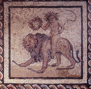 Gallorömische Kunst: Mosaikpflaster, das einen rustikalen Kalender darstellt. Sommerallegorie über einen Löwen. Ende 2. Anfang 3. Jahrhundert nach Christus. Aus Saint-Romain-en-Gal (Rhône). Saint Germain en Laye, Nationalmuseum für Archäologie von Gallo Roman