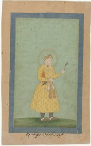 Porträt von Akbar, stehend, mit Federbusch in der Hand