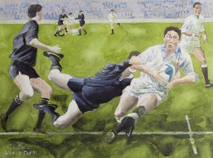 Rugbyspiel: England gegen Neuseeland im Weltcup, 1991, Rory Underwood wird getackelt