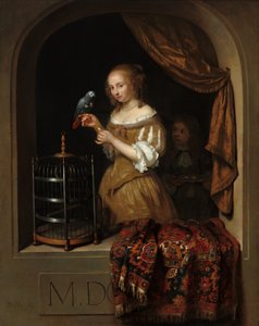 Eine Frau füttert einen Papagei, mit einem Pagen, 1666