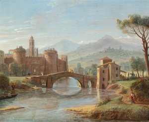 Flusslandschaft mit einer Brücke zu einer befestigten Stadt von Gaspar van (1653-1736) Wittel