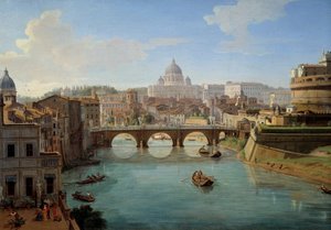 Rom: Blick auf den Tiber nach Süden mit der Engelsburg und dem Petersdom in  der Ferne