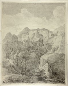 Berglandschaft mit zwei Figuren im Vordergrund