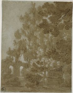 Ansicht von Ruinenbögen und Grab in der Villa Borghese
