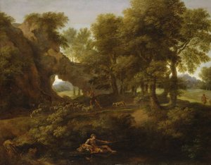 Landschaft mit einem Fischer, einem Schäfer und anderen Figuren