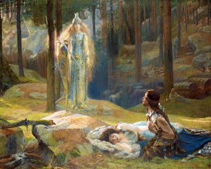 Die Offenbarung. Brunhilde entdeckt Siegmund und Sieglinde von Gaston Bussiere