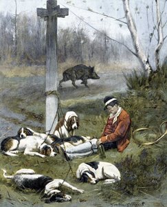 Der Jäger und seine schläfrigen Hunde (Gravur von Gaston Gelebert)