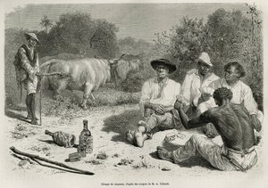 Eine Gruppe von Vaqueros spielt Karten und trinkt Alkohol, in der Nähe ihrer Rinderherden, Gravur nach einer Zeichnung von G. Vuillier, zur Illustration der Geschichte De Cayenne aux Andes, von Jules Crevaux, Arzt der französischen Marine, in den Jahren 18