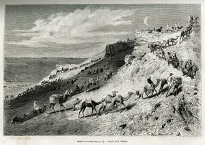 Akabah oder das Aufstellen von Kamelen aus der Karawane. Gravur von G. Vuillier, zur Illustration der Geschichte „Pilgerfahrt nach Nedjed, Wiege der arabischen Rasse“, von Lady Anna Blunt, 1878-1879, veröffentlicht in Le tour du monde, unter der Leitung vo von Gaston Vuillier