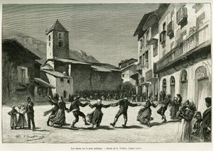 Tänze auf dem öffentlichen Platz. Gravur von G. Vuillier zur Illustration der Geschichte „Das Tal von Andorra“ von Gaston Vuillier, veröffentlicht in Le Tour du monde 1888