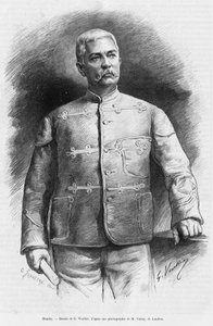 Porträt von Henry Morton Stanley (geb. John Rowlands 1841-1904) Journalist und Entdecker. Gravur von G. Vuillier zur Illustration der Geschichte „In den Dunkelheiten Afrikas, Suche, Entdeckung und Rückzug von Emin Pascha“ von Gaston Vuillier