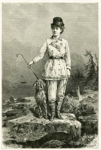 Porträt von Madame Marie De Ujfalvy-Bourdon, in Reisekleidung, mit ihrem Hund, verheiratet mit dem Ethnologen, Linguisten und Entdecker Charles Eugene Ujfalvy (1842-1904), sie begleitete ihn auf all seinen Expeditionen. Gravur von G. Vuillier, nach der Nat von Gaston Vuillier