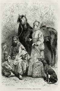 Porträts von Mr. Wilfrid Blunt (1840-1922), Dichter und Schriftsteller, und seiner Frau, Lady Anna Blunt (geb. King Noel) (1837-1917), die erste europäische Frau, die den Nahen Osten erkundete, in Reisekleidung, vor einem der arabischen Pferde in ihren Stä