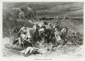 Der Ghazou oder Razzia, Plünderung mit der Hand. Gravur von G. Vuillier, um die Geschichte „Pilgerfahrt nach Nedjed, Wiege der arabischen Rasse“ zu illustrieren, von Lady Anna Blunt, in 1878-1879, veröffentlicht in Le tour du monde, unter der Leitung von E von Gaston Vuillier