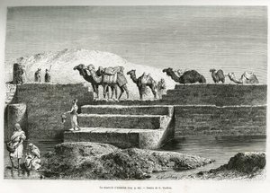 Das Reservoir von Abdallah (Saudi-Arabien). Gravur von G. Vuillier, zur Illustration der Geschichte „Pilgerfahrt nach Nedjed, Wiege der arabischen Rasse“, von Lady Anna Blunt, 1878-1879, veröffentlicht in Le tour du monde, unter der Leitung von Edouard Cha von Gaston Vuillier