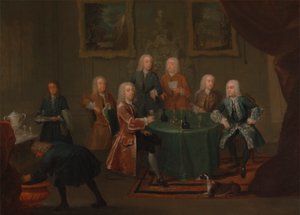 Die Brüder Clarke mit anderen Herren beim Weintrinken