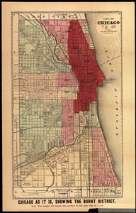 Chicago wie es ist, zeigt den verbrannten Bezirk, aus der Geschichte der großen Brände in Chicago und dem Westen von Edgar Johnson Goodspeed, veröffentlicht in Chicago, 1871 von Gaylord Watson