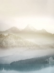 Nebliger Bergwaldsee
