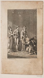 Illustration mit einem jungen Paar mit einem Orientalen und drei knienden türkischen Soldaten von Georg Christian Schule