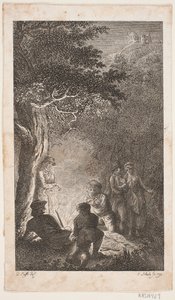 Illustration mit Figuren um ein Feuer