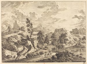 Landschaft mit aufgehender Sonne und einem Reiter mit Begleiter