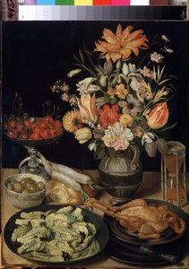 Stillleben mit Blumen, Huhn, Sanduhr, Oliven, Kirschen und Kohl