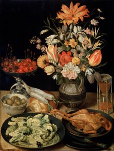 Stillleben mit Blumen und Snack, ca. 1630-1635