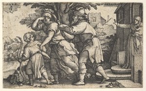 Abraham schickt Hagar und Ismael weg: Abraham hält ein Gefäß, während Hagar und Ismael... (ca. 1543) von Georg Pencz